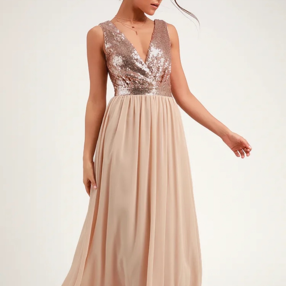 Lulus Elegant Encounter Champagne Sequin Maxi Dress